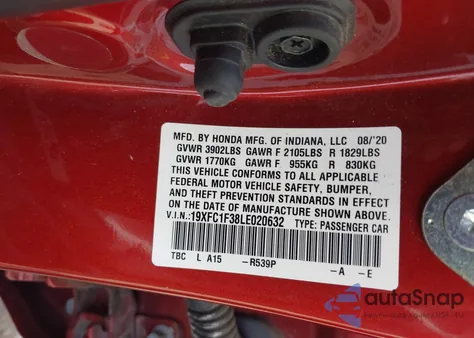 2020 Honda Civic Ex z USA, uszkodzony, nr VIN 19XFC1F38LE020632